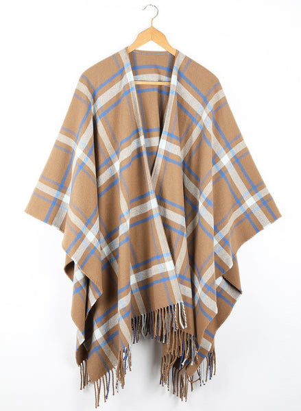 A checked wool cape with a cinnamon ground, highlighted by sky and cobalt blue.