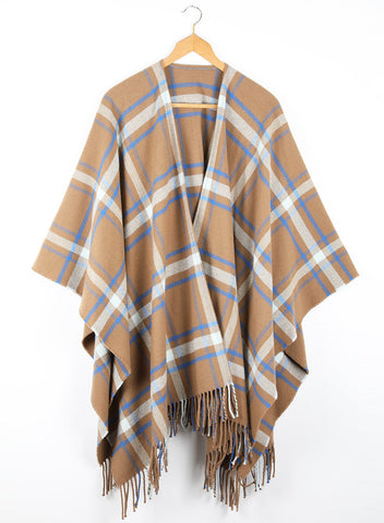 A checked wool cape with a cinnamon ground, highlighted by sky and cobalt blue.