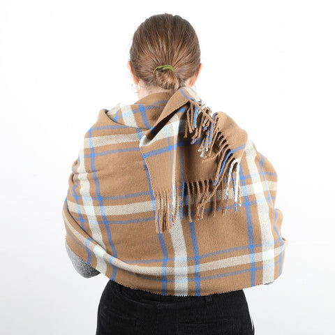 A checked wool shawl/stole with a cinnamon ground, highlighted by sky and cobalt blue.