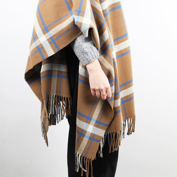 A checked wool shawl/stole with a cinnamon ground, highlighted by sky and cobalt blue.