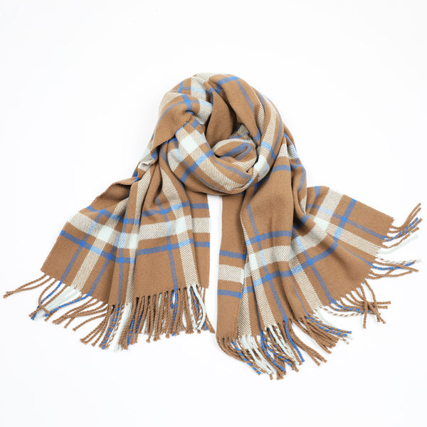 A checked wool shawl/stole with a cinnamon ground, highlighted by sky and cobalt blue.