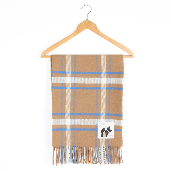 A checked wool shawl/stole with a cinnamon ground, highlighted by sky and cobalt blue.