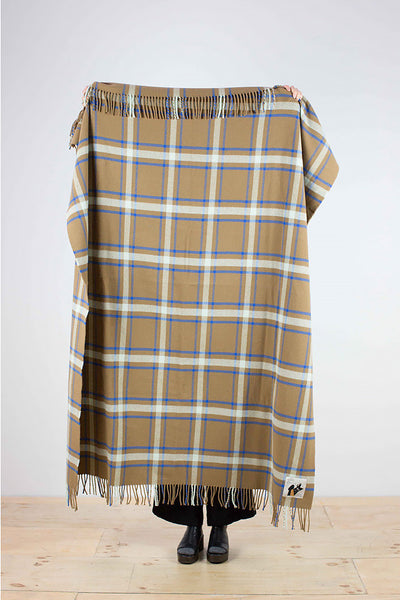 Affric - a checked wool throw in cinnamon, beige, brown and blue, cobalt