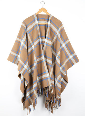 A checked wool cape with a cinnamon ground, highlighted by sky and cobalt blue. 