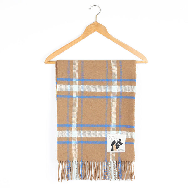 A checked wool shawl/stole with a cinnamon ground, highlighted by sky and cobalt blue. 